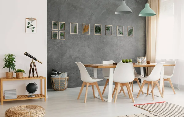 现代的 白色的餐椅围绕着一个大型的木桌在一个植物园的餐厅和客厅内部与灰色墙 — 图库照片