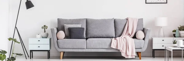 Grey Lounge Cushions Pastel Pink Blanket Real Photo White Living — Stock Photo, Image