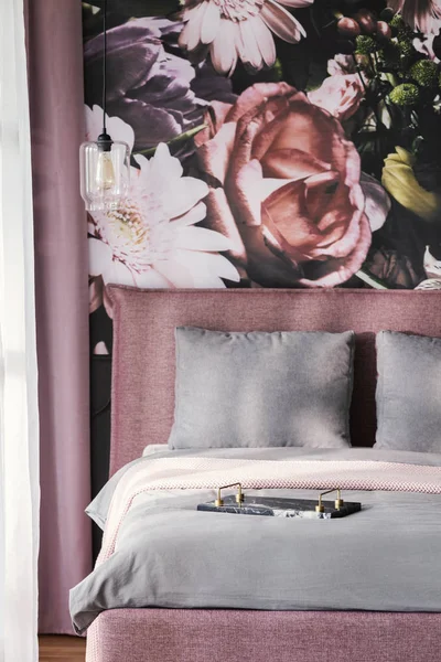 Coussins Gris Sur Lit Rose Dans Chambre Féminine Intérieur Avec — Photo