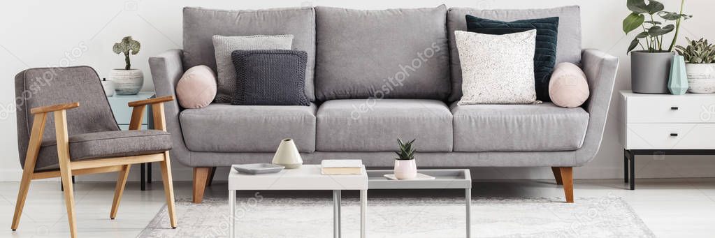 Grey sofa and retro armchair in real photo of bright living room interior with carpet and fresh plants