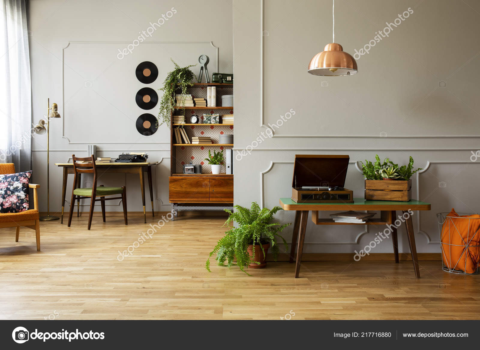 Record Player Plant Wooden Table Grey Apartment Interior Lamp