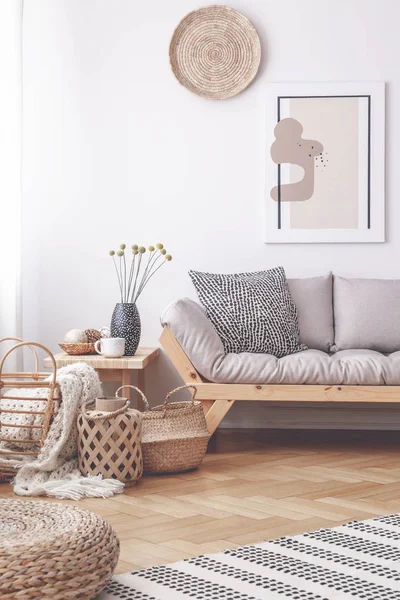 Baskets Pouf Wooden Floor Living Room Interior Poster Grey Sofa — Stock Photo, Image