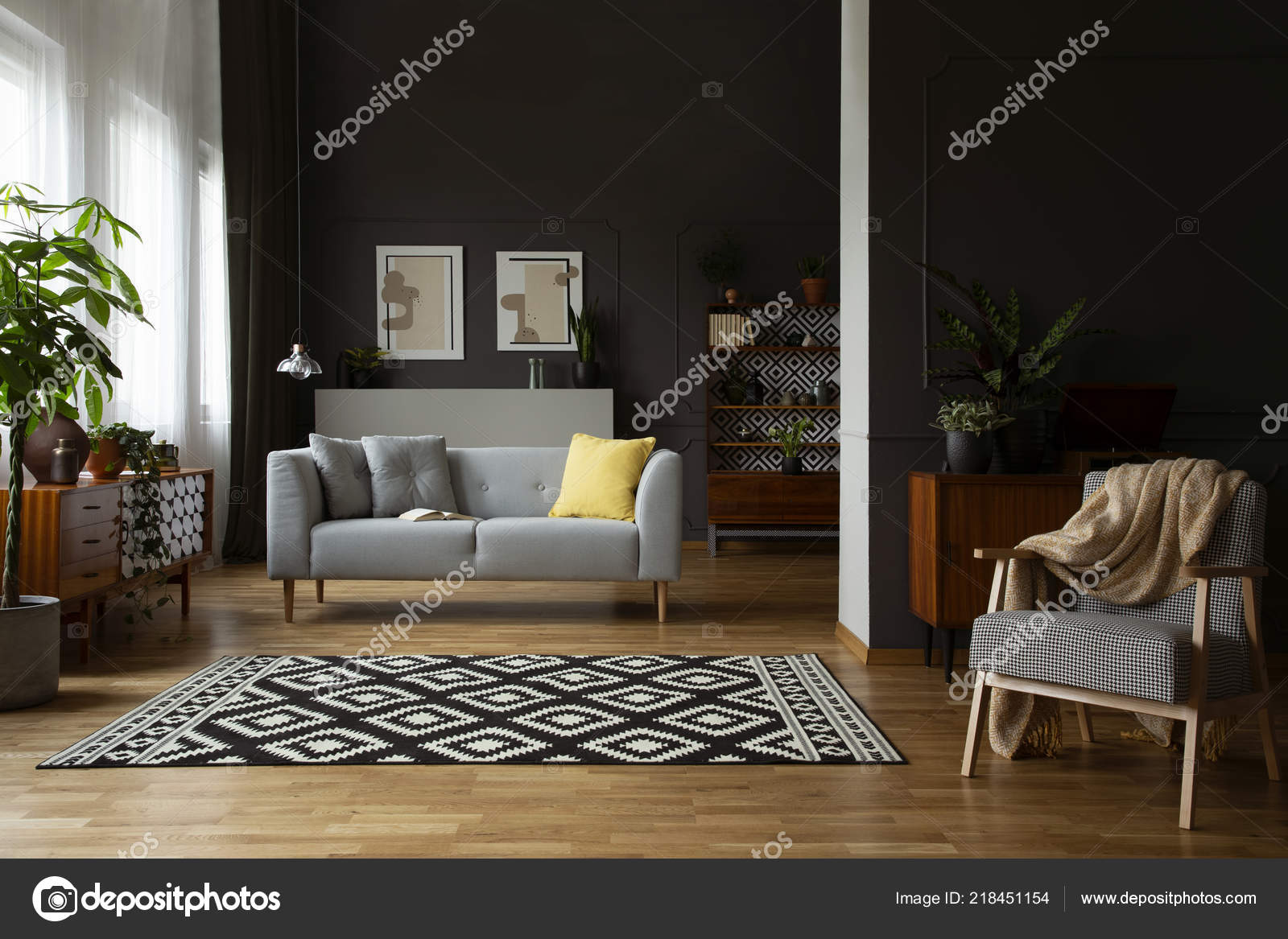 Real Photo Open Space Dark Living Room Interior Molding