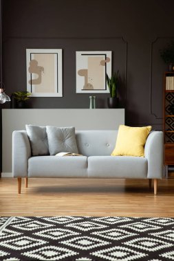 Gri bir kanepe yastık ile kalıplama ile duvardaki resimler gerçek fotoğraf ve salon iç geometrik halı