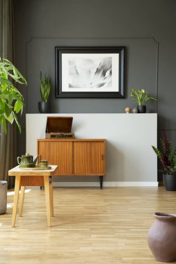 Vintage dolabı, sehpa pot ve Kupası ve salon iç gri bir duvar boyama ile. Gerçek fotoğraf