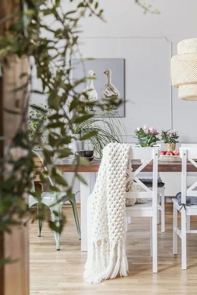 Deken Witte Stoel Aan Tafel Eetkamer Interieur Met Bloemen Rotan — Stockfoto