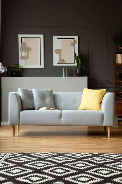 Echtes Foto Eines Grauen Sofas Mit Kissen Gemälde Der Wand — Stockfoto