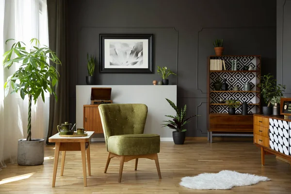 Green Armchair Standing Real Photo Living Room Interior Retro Cupboards — Stock Photo, Image