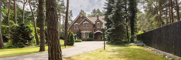 Long Paved Driveway Surrounded Lawn Trees Evergreens Leading Red Brick — Stock Photo, Image