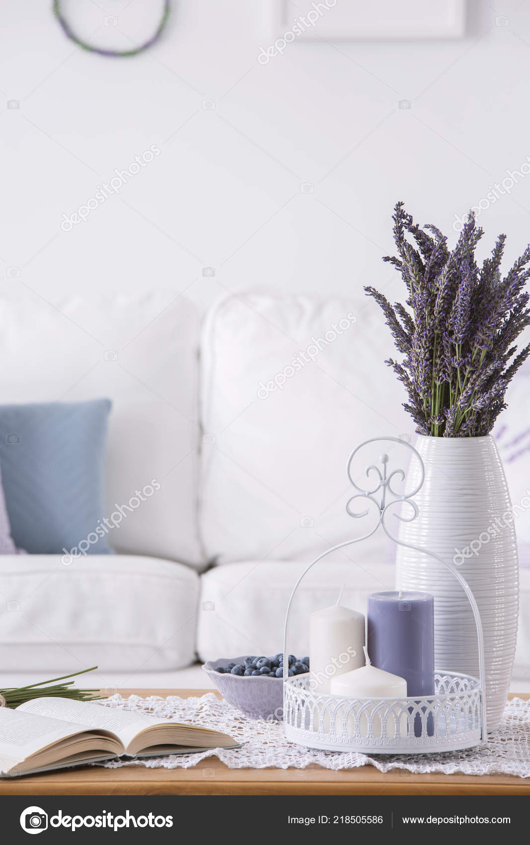 Violet Flowers Table Book Candles White Living Room Interior