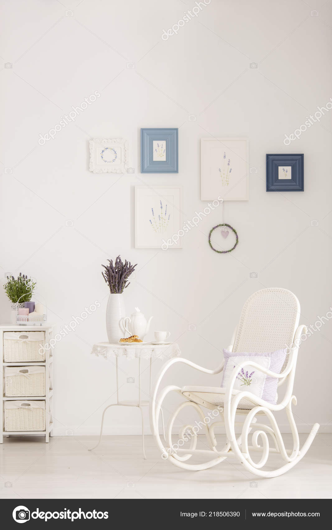 Rocking Chair Next Table Lavender Flowers White Living Room