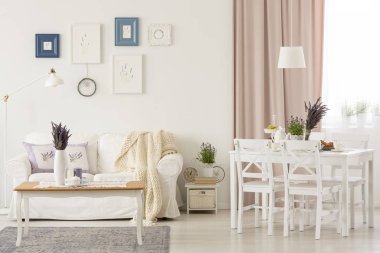 Beyaz Salon iç pembe perdeler ve posterler kanepe yukarıda ile masaya çiçek. Gerçek fotoğraf