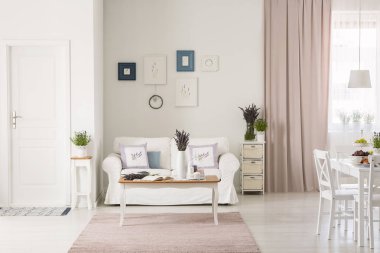 Pembe perdeler ve posterler ile düz iç beyaz kanepe önünde masaya lavanta çiçek. Gerçek fotoğraf