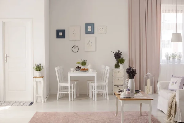 桌子旁边的花 在白色和粉红色的公寓内部与海报和窗帘的沙发 真实照片 — 图库照片