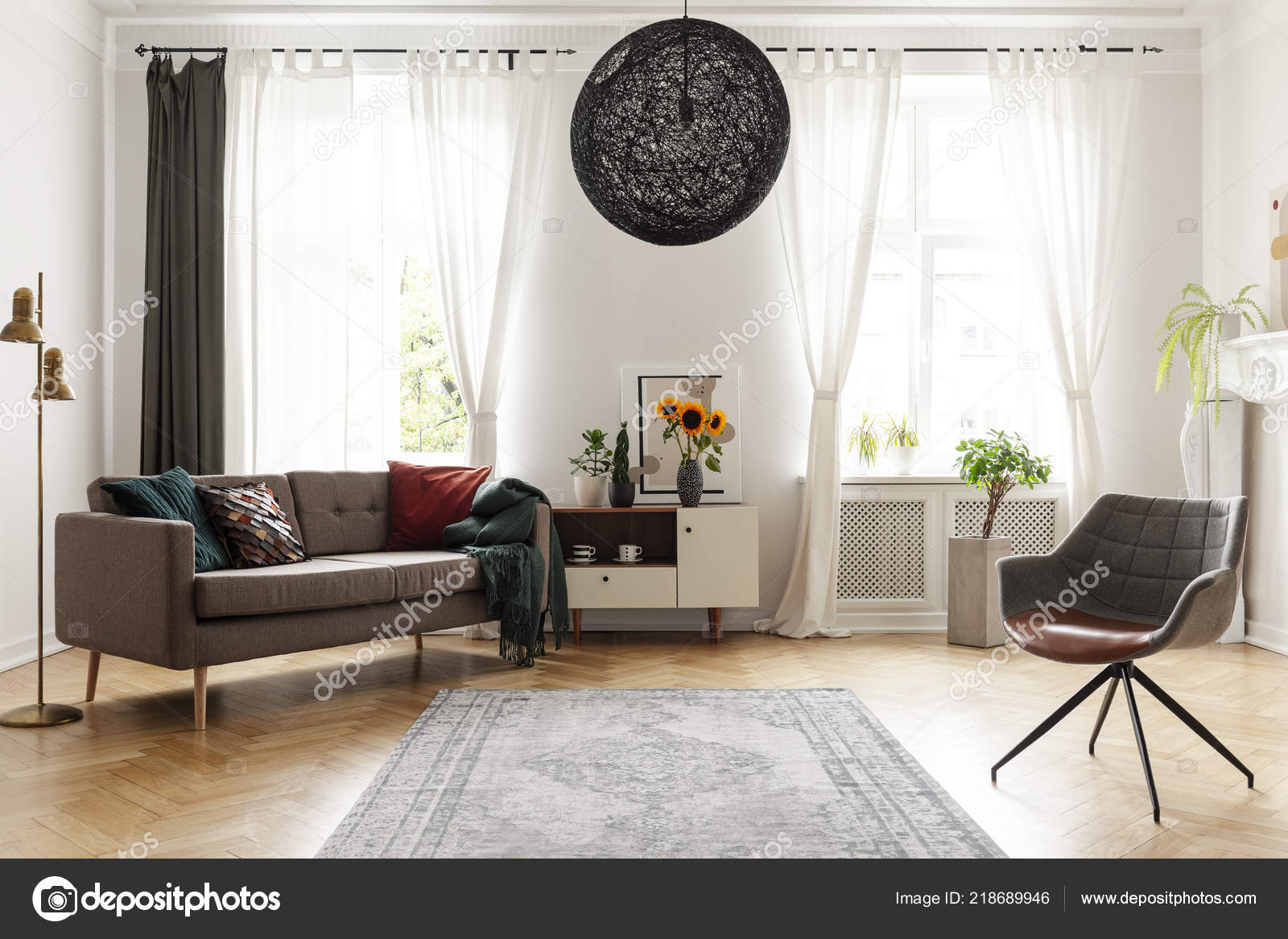 Rug Armchair Couch Living Room Interior Windows Sunflowers