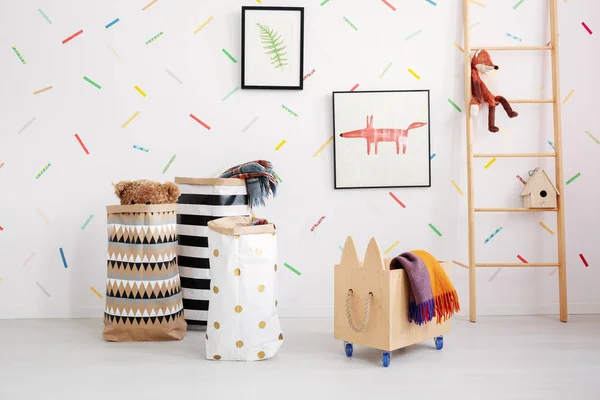 Wooden Crate Patterned Bags Kid Room Interior Fox Ladder Next — Stock Photo, Image