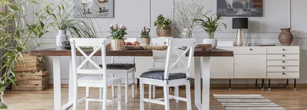 Panorama White Chairs Wooden Table Dining Room Interior Cupboard Flowers — Stock Photo, Image