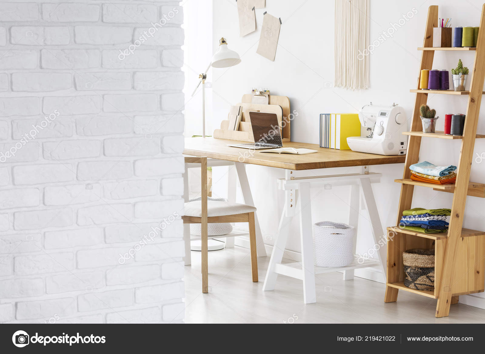 Close Brick Wall Home Office Interior Wooden Desk Shelf Threads