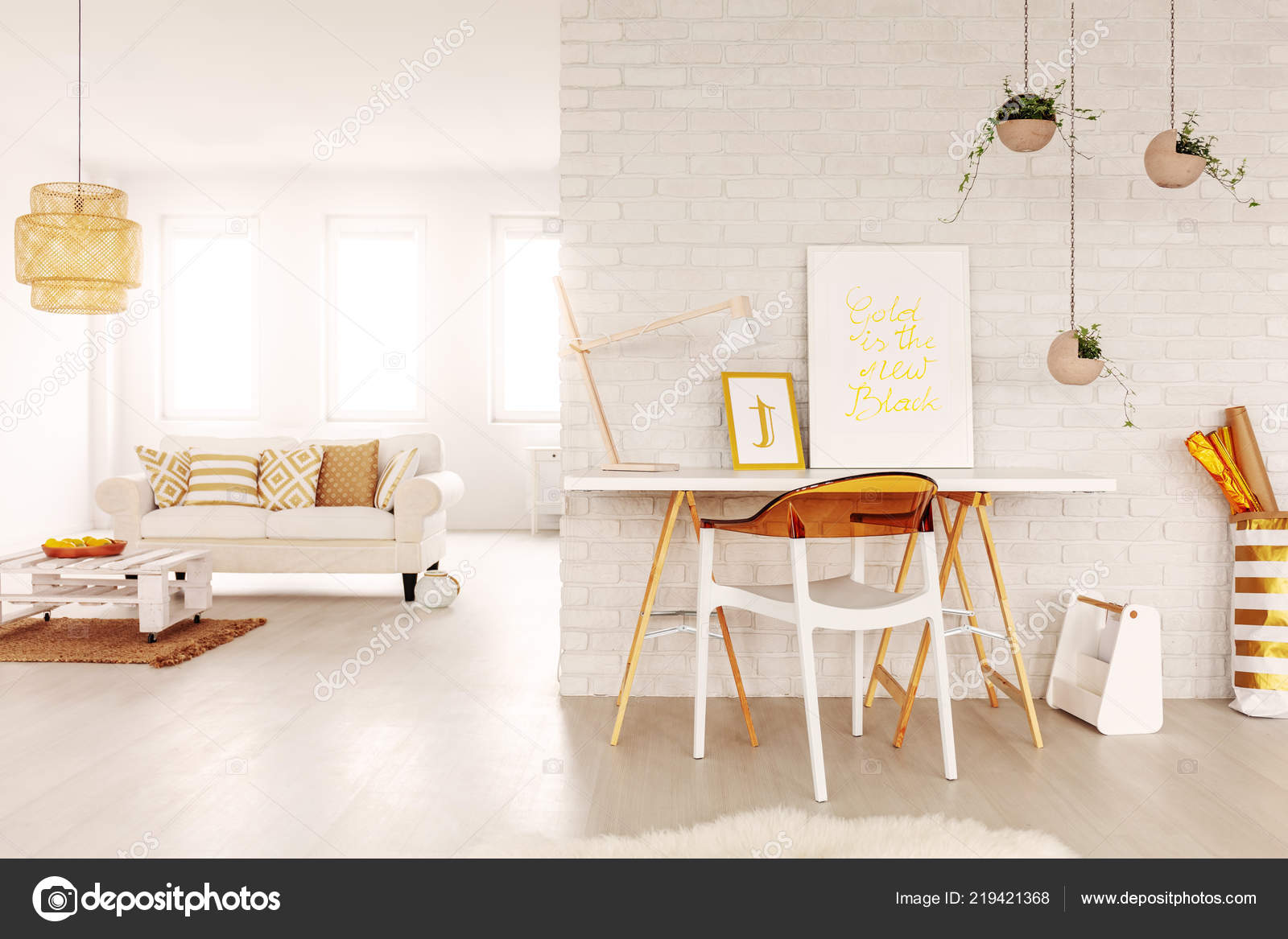 Real Photo Open Space Study Corner Desk Two Posters Lamp Stock