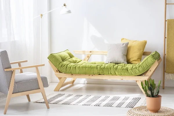 Wzorzyste Fotel Drewniane Zielona Sofa Biały Salon Wnętrza Roślin Dywan — Zdjęcie stockowe