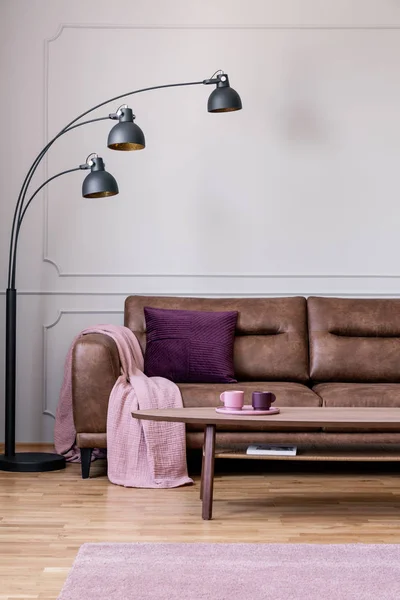 Lamp Volgende Couch Met Roze Deken Wit Woonkamer Interieur Met — Stockfoto