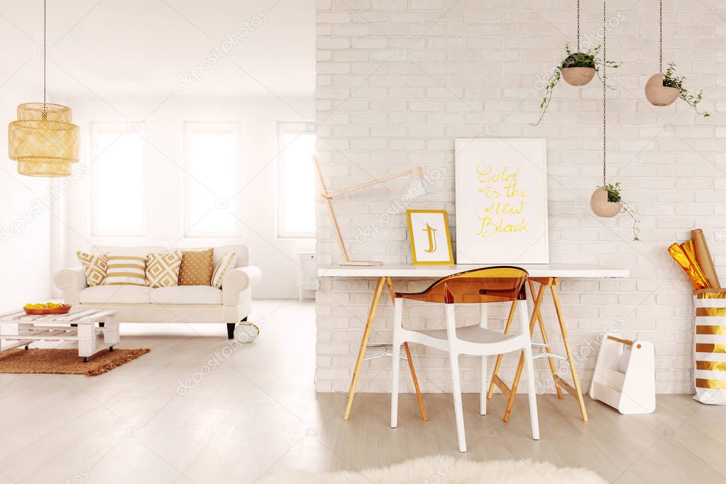 Real photo of open space study corner with desk with two posters and lamp, fresh plants and plastic chair in bright living room interior with windows, couch and DIY coffee table
