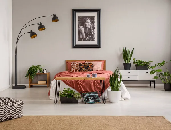 Puf Alfombra Plantas Frente Cama Roja Interior Del Dormitorio Gris — Foto de Stock