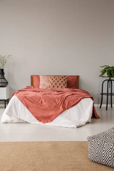 Pouf Carpet Minimal Grey Bedroom Interior Red Bed Pillows Plants — Stock Photo, Image