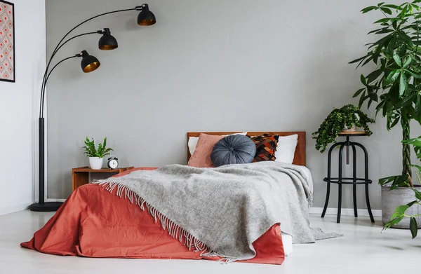 Manta Gris Sobre Cama Roja Con Cojines Interior Del Dormitorio — Foto de Stock