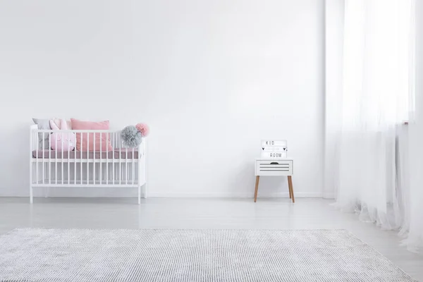 Carpet Cabinet Minimal White Kid Bedroom Interior Pink Cushion Cradle — Stock Photo, Image