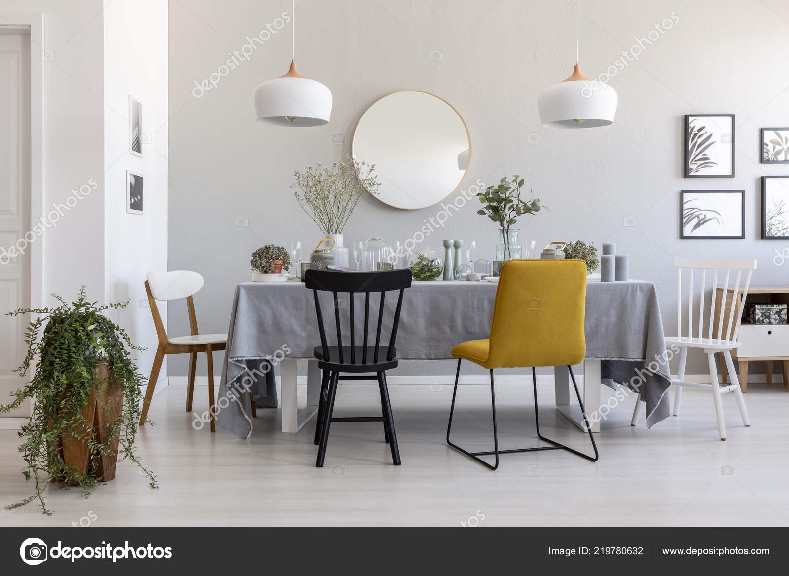 Black Yellow Chair Table White Dining Room Interior Plants