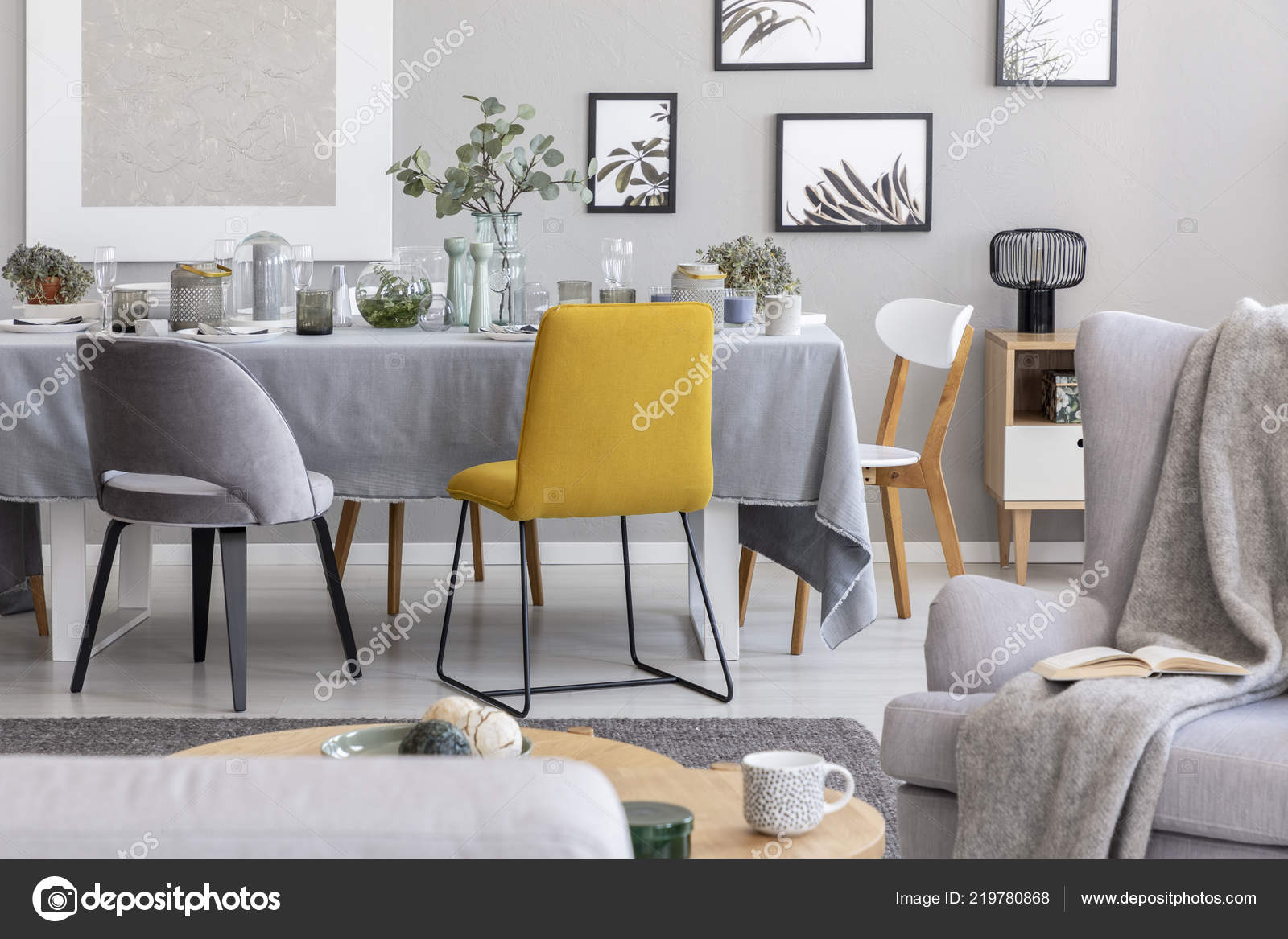 Yellow Chair Next Table Grey Dining Room Interior Real Photo Stock