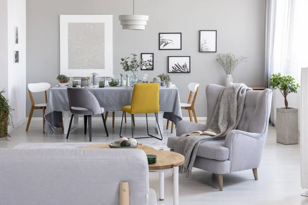 Manta Sillón Gris Interior Del Apartamento Con Carteles Sillas Mesa — Foto de Stock