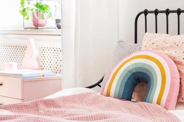 Pastel Pillows Pink Bed Girl Rainbow Bedroom Interior White Cabinet — Stock Photo, Image