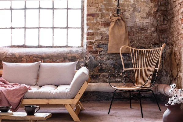 Armchair Next Grey Sofa Cushions Industrial Interior Window Red Brick — Stock Photo, Image