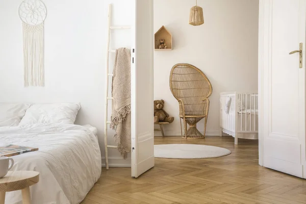 White Apartment Interior Herringbone Parquet Double Bed Open Door Kid — Stock Photo, Image