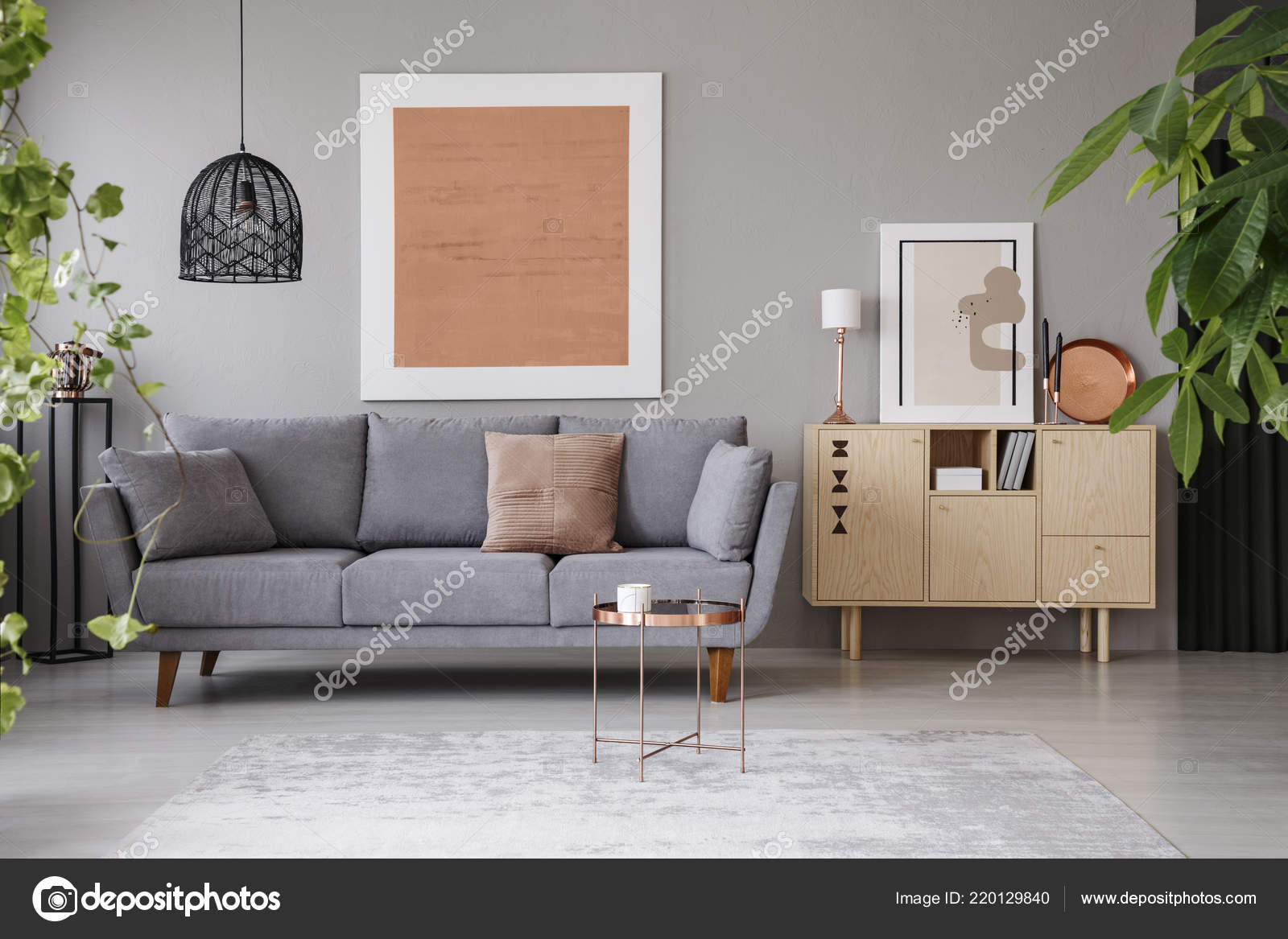 Real Photo Cozy Living Room Interior Grey Sofa Painting Retro