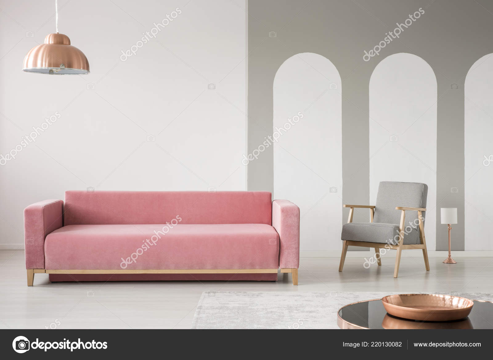 Real Photo Creative Living Room Interior Decorated Arches Pink Sofa Real Photo Creative Living Room Interior Decorated Arches Pink Sofa Stock