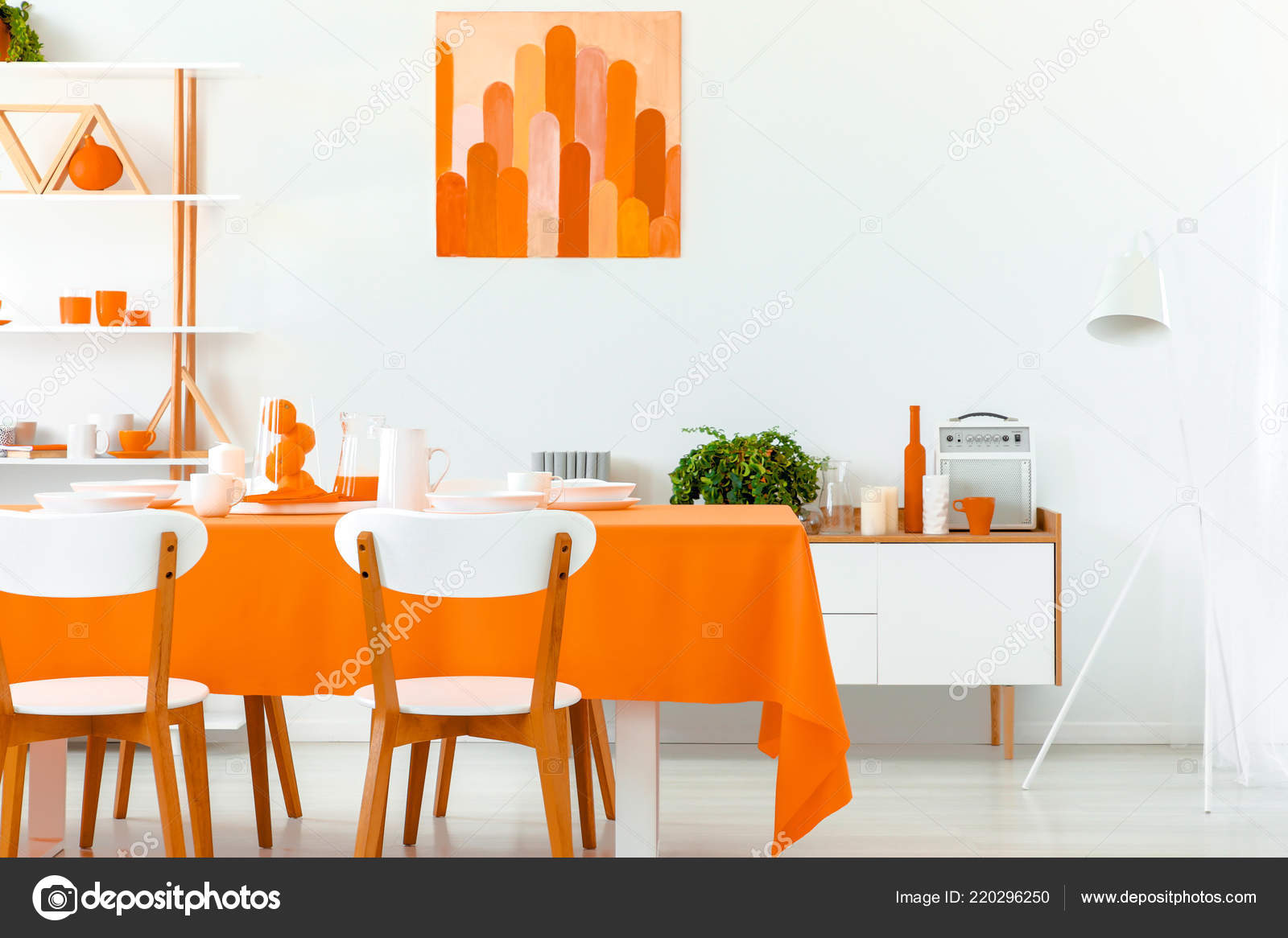 White Wooden Chairs Table Orange Dining Room Interior Poster Wall Stock Photo Photographeeeu 220296250