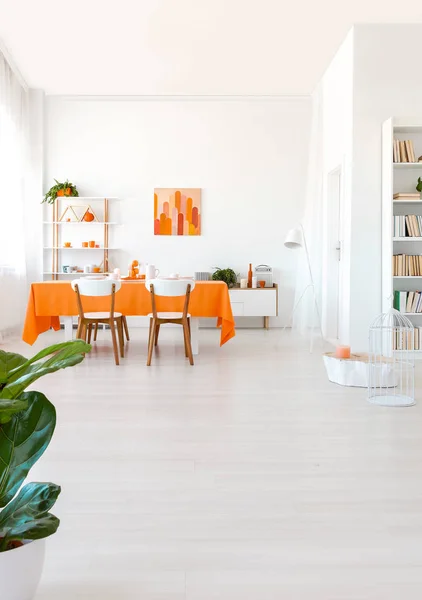 Tanaman Ruang Makan Interior Putih Luas Dengan Kursi Meja Dan — Stok Foto