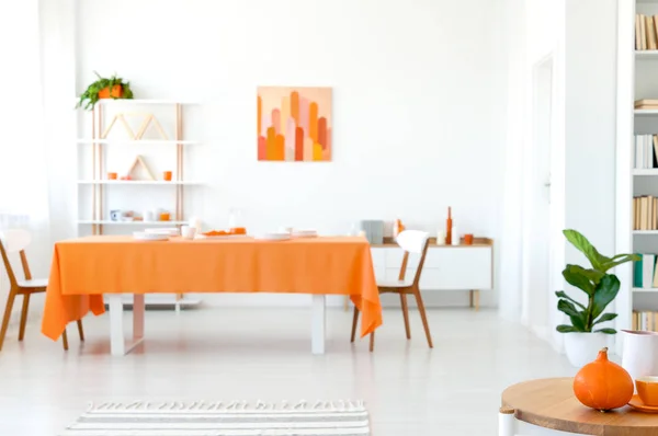 Echte Foto Van Eetkamer Levendige Kleuren Oranje Tafelkleed Lange Tafel — Stockfoto