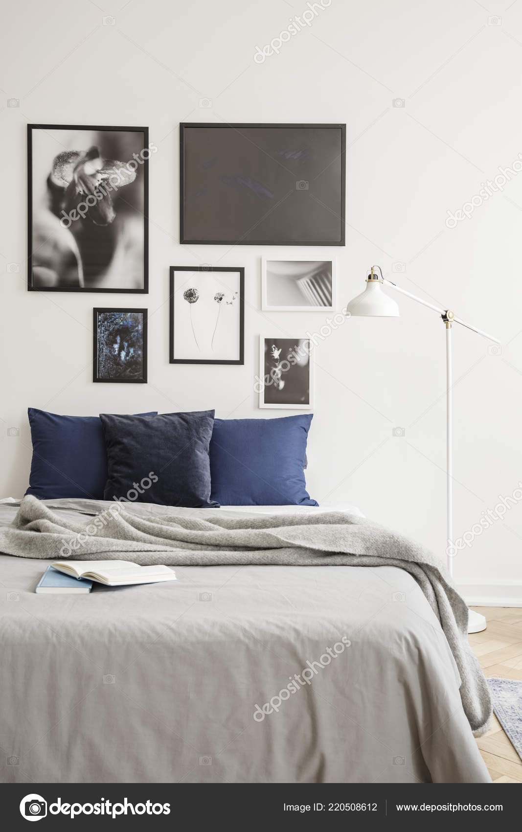 White Industrial Style Floor Lamp Cozy Bed Dark Blue