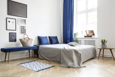 Yatak odası tasarım modern daire içinde. Koyu mavi yastık ve gri yorgan ve battaniye pencerenin yanındaki yatak. Gerçek fotoğraf kavramı