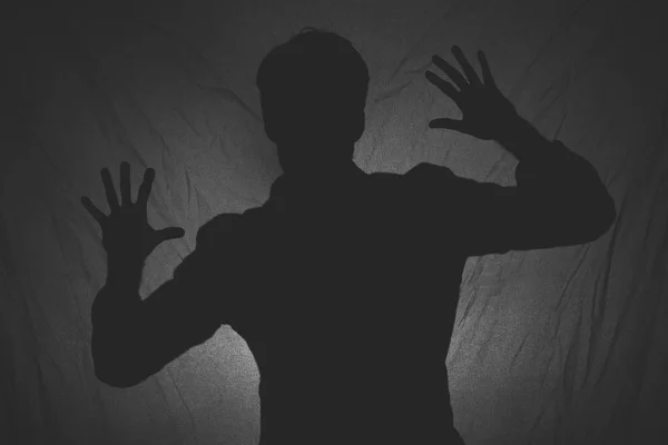 Black and white photo of shadow of a man behind the dark fabric