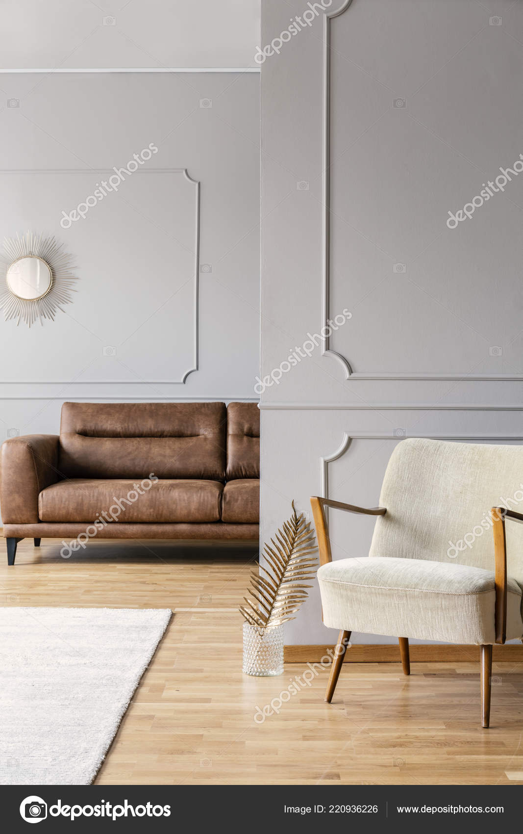Vintage Armchair Minimal Living Room Elegant Apartment Brown Leather Sofa Stock Photo C Photographee Eu 220936226