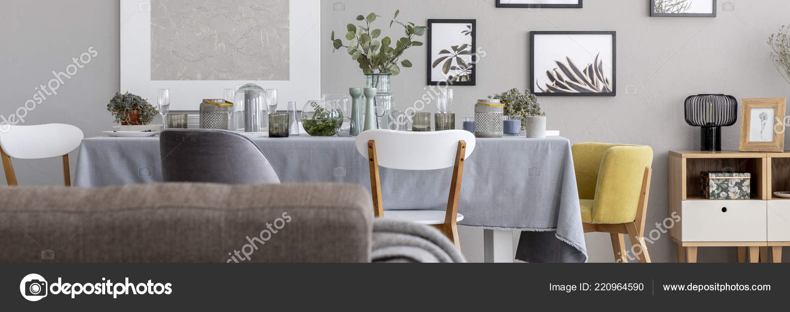 Panorama Von Plakaten Auf Graue Wand Esszimmer Innenraum Mit