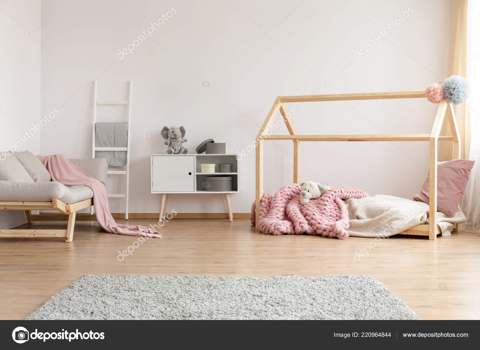 Bright Kid Bedroom Interior Grey Sofa Cupboard Boxes Toy