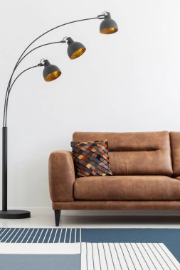 Modern lamba beyaz salon iç desenli halı ile deri kanepe yanında. Gerçek fotoğraf