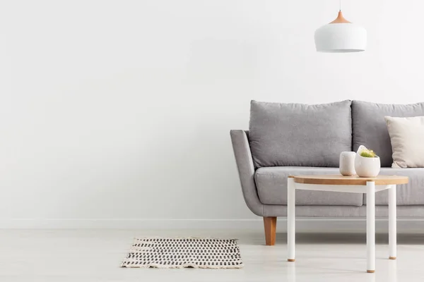 在明亮时尚的客厅的照片复制空间与灰色舒适的沙发和简单的木茶几 真实的照片 — 图库照片