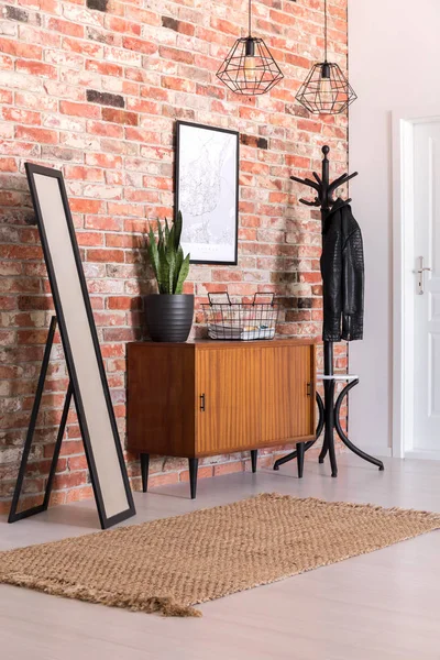 Classic Corridor Brick Wall Clothes Hanger Cupboard Carpet Mirror Real — Stock Photo, Image